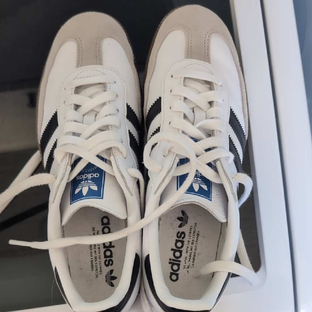 Adidas White and Black Sneakers with Tan Accents